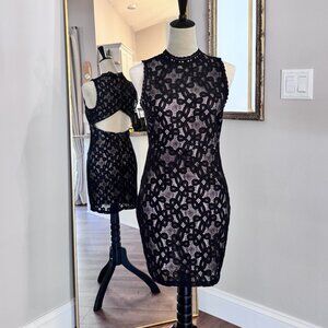 Nude Illusion Mini Dress | Black | Women | M | Open Button-Up Back